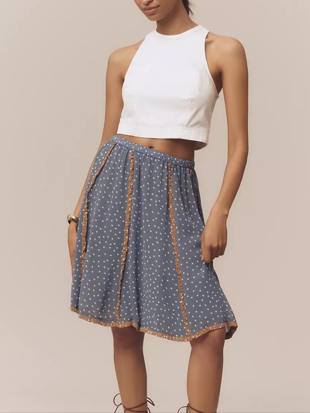 NWT Maeve Blue Polka Dot Knee-length Skirt with Brown Trim